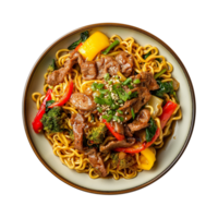 a top view plate of fried noodles with meats and vegetables isolated on a transparent background, png