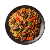 a top view plate of fried noodles with meats and vegetables isolated on a transparent background, png