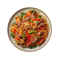 a top view plate of fried noodles with meats and vegetables isolated on a transparent background, png