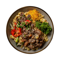 a top view plate of fried noodles with meats and vegetables isolated on a transparent background, png