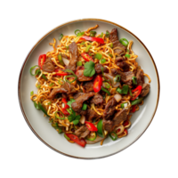 a top view plate of fried noodles with meats and vegetables isolated on a transparent background, png