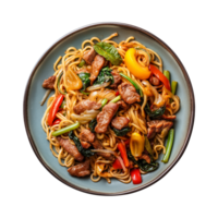 a top view plate of fried noodles with meats and vegetables isolated on a transparent background, png