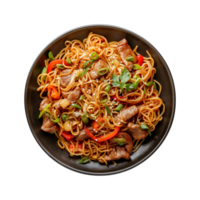 a top view plate of fried noodles with meats and vegetables isolated on a transparent background, png