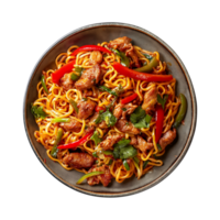 a top view plate of fried noodles with meats and vegetables isolated on a transparent background, png