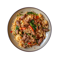 a top view plate of fried noodles with meats and vegetables isolated on a transparent background, png