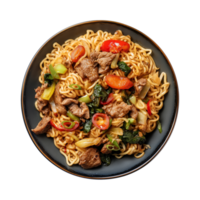 a top view plate of fried noodles with meats and vegetables isolated on a transparent background, png
