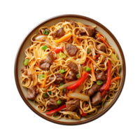 a top view plate of fried noodles with meats and vegetables isolated on a transparent background, png