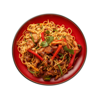 a top view plate of fried noodles with meats and vegetables isolated on a transparent background, png