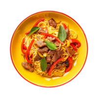 a top view plate of fried noodles with meats and vegetables isolated on a transparent background, png