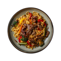 a top view plate of fried noodles with meats and vegetables isolated on a transparent background, png