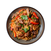 a top view plate of fried noodles with meats and vegetables isolated on a transparent background, png