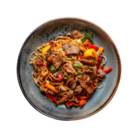 a top view plate of fried noodles with meats and vegetables isolated on a transparent background, png