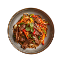 a top view plate of fried noodles with meats and vegetables isolated on a transparent background, png