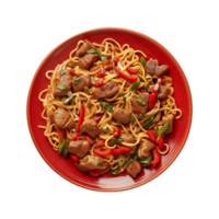 a top view plate of fried noodles with meats and vegetables isolated on a transparent background, png