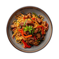 a top view plate of fried noodles with meats and vegetables isolated on a transparent background, png