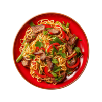 a top view plate of fried noodles with meats and vegetables isolated on a transparent background, png