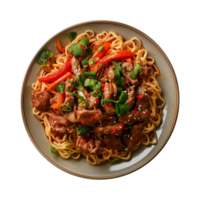 a top view plate of fried noodles with meats and vegetables isolated on a transparent background, png