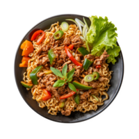 a top view plate of fried noodles with meats and vegetables isolated on a transparent background, png