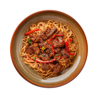 a top view plate of fried noodles with meats and vegetables isolated on a transparent background, png