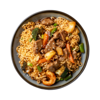 a top view plate of fried noodles with meats and vegetables isolated on a transparent background, png