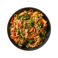 a top view plate of fried noodles with meats and vegetables isolated on a transparent background, png
