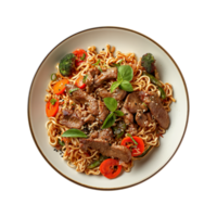 a top view plate of fried noodles with meats and vegetables isolated on a transparent background, png