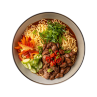 a top view plate of fried noodles with meats and vegetables isolated on a transparent background, png