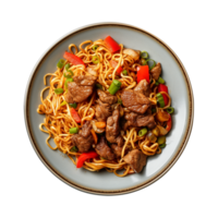 a top view plate of fried noodles with meats and vegetables isolated on a transparent background, png