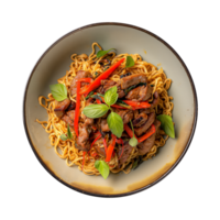 a top view plate of fried noodles with meats and vegetables isolated on a transparent background, png