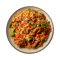 a top view plate of fried noodles with meats and vegetables isolated on a transparent background, png