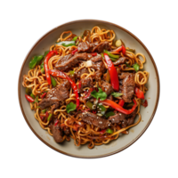 a top view plate of fried noodles with meats and vegetables isolated on a transparent background, png