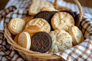 Basket of Cookies on Checkered Tablecloth photo