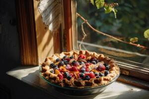 Freshly Baked Fruit Pie on Window Sill photo