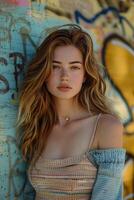 Woman Leaning Against Graffiti Wall photo