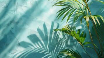 Blurred shadow from palm leaves on the light blue wall. Minimal abstract background for product presentation. photo