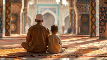 A father and son attending Eid prayers together at a neighborhood mosque photo