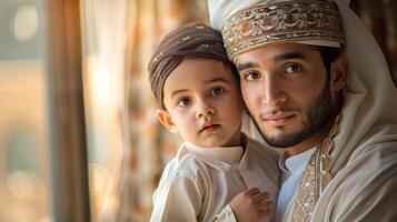 A father and son bonding while getting ready for Eid prayers, wearing traditional attire photo
