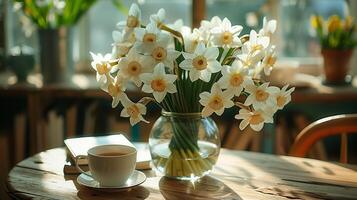 A table with books stacked on it, next to a vase with a large bouquet of a narcissus flowers, and a cup of hot tea. Generated by artificial intelligence. photo