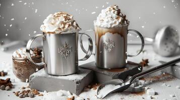 Two stainless steel coffee cups with latte and skinny hot chocolate, sitting on top of gray concrete plinth. Generated by artificial intelligence. photo