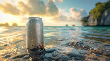 The plain soft-drink can 330ml, floating in the ocean with tropical islands in background. Generated by artificial intelligence. photo