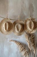Three Straw Hats Hanging On A White Curtain In A Sunny Room photo