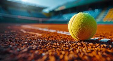 Tennis Ball Resting on Clay Court With Stadium in Background photo