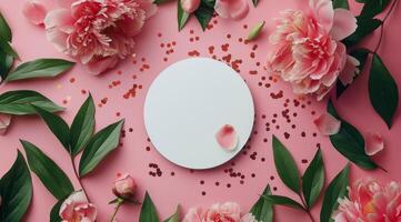 Pink Peonies and White Circle on Pink Background With Confetti photo