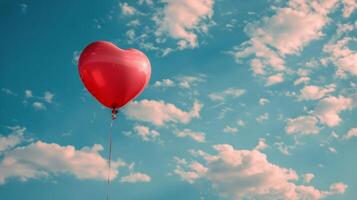Red Heart Shaped Balloon Flying in Sky photo