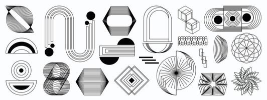 Hand drawn abstract minimal element mid century set. Aesthetic contemporary stripe line art, geometric shape in monochrome. Art form design for wall art, decoration, wallpaper. vector