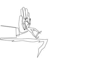 Single one line drawing Arab businessman standing on edge of cliff. Something big wants to bring down the business. Invisible enemy. Bring down competitor. Continuous line design graphic illustration vector