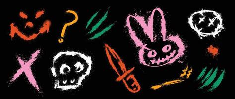Set of graffiti spray element . Collection of colorful symbol, scribble, stroke, arrow, skull, rabbit, knife, smile. Element on black background for banner, decoration, street art, ads. vector
