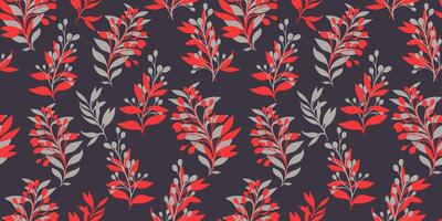 Colorful simple pattern with abstract shape branches leaves on a dark background. hand drawing sketch. Creative unique floral stems pastel seamless print. Design for fashion, fabric, wallpaper vector