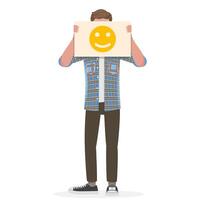 Man Holding an Happy Emoji Sign in Front of His Face. vector