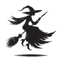 Halloween witch silhouette with broomstick, hats and magic pot illustration isolated on white background vector